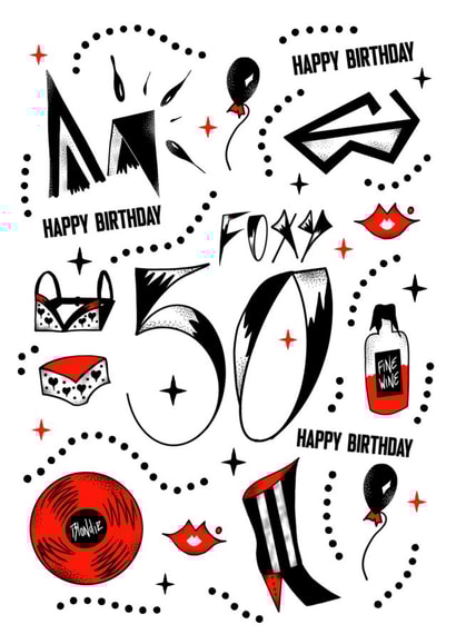 "Foxy 50" - Happy Birthday. Sexy, rock 'n' roll 50th birthday card. created by Kiki Gunn. Greeting cards & art prints.
