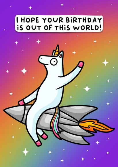 Funny unicorn rocket Birthday Card - Out of this World created by Wafflemamaart