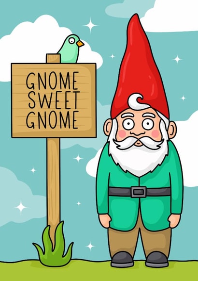 Cute and funny cartoon New Home Card - Gnome Sweet Gnome created by Wafflemamaart