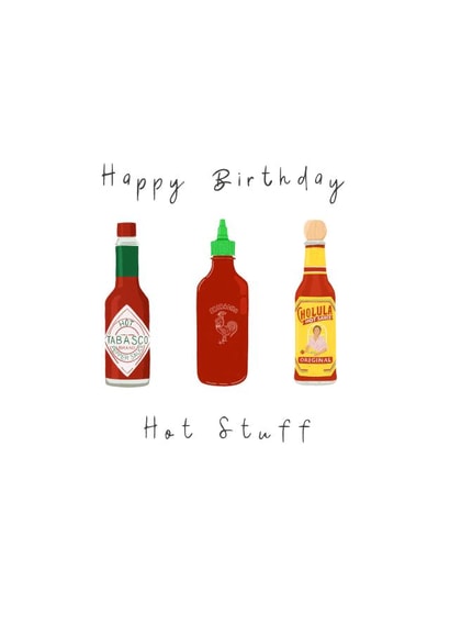 Minimal but cute Birthday card featuring everyone’s face spicy hot sauces. created by Sun Sea Swell
