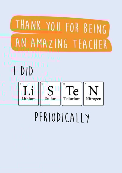 Funny Science Periodic Table themed thank you teacher card created by Rosewood Design