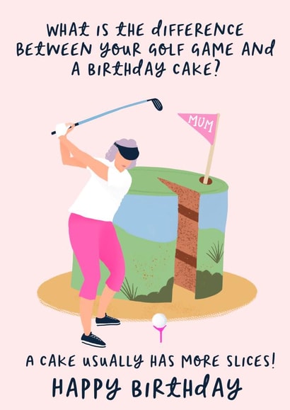 Funny golf birthday card for Mum - cake with lady golfer - gentle humour created by patternmuse