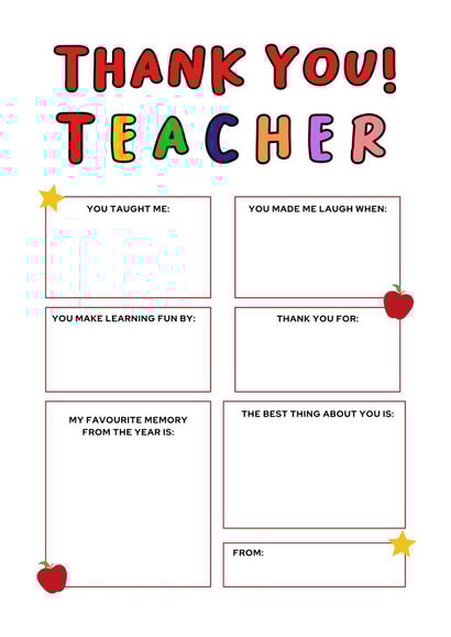 Cute fill in the blanks thank you teacher card created by BeauPrintBoutique