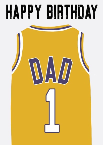 LA Lakers inspired, basketball jersey birthday card. For a number one Dad created by Courtside