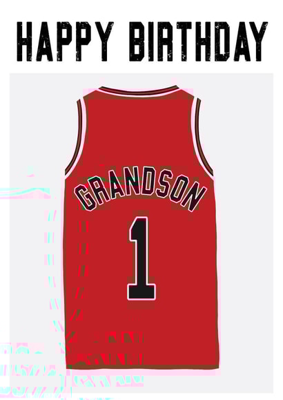 Chicago Bulls inspired, basketball jersey birthday card. for a number 1 grandson created by Courtside