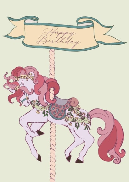 Cute Happy Birthday card with a beautiful carousel horse decorated with flowers. created by Wilderness Illustrated