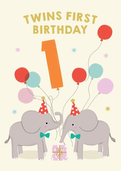 Cute Birthday Card - Elephants - Twins First created by Pixie Studio