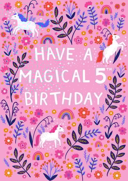 Happy 5th Birthday - Pink Magical Unicorn Girls Card created by Pear Tree Press