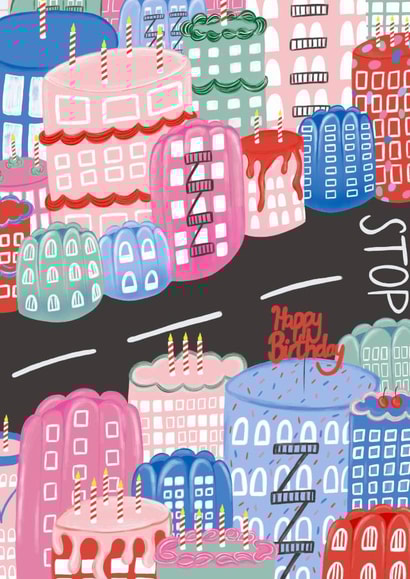 Happy Birthday city made of cake and jelly card created by Milk & Roses