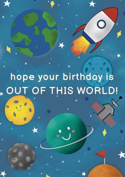 Space birthday card - out of this world - spaceship - planets - astronaut created by Rainee Collections