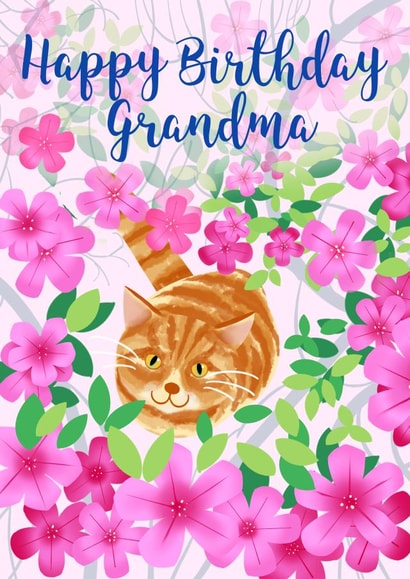 Pretty birthday card for Grandma - ginger cat - flowers created by Cathy Simpson