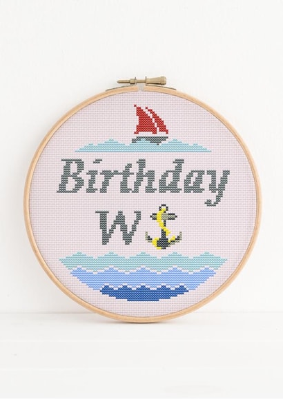 Birthday Wanker, W Anchor cheeky cross stitch inspired nautical embroidery hoop created by NaviStitch
