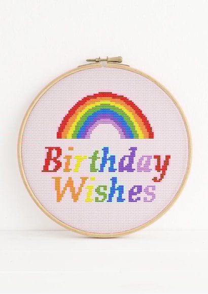 Rainbow Birthday wishes, Cross stitch inspired embroidery hoop. created by NaviStitch