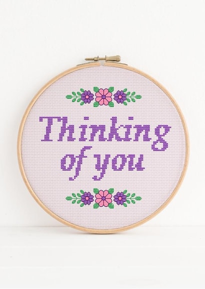 Pretty thinking of you floral cross stitch inspired embroidery hoop card created by NaviStitch