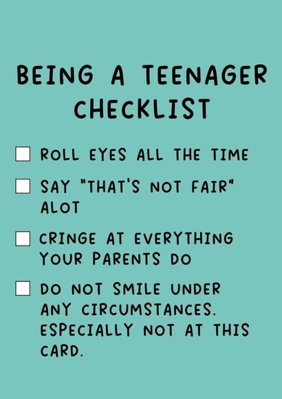 Funny Birthday Card - Teenager Checklist created by Pack a Punch Designs