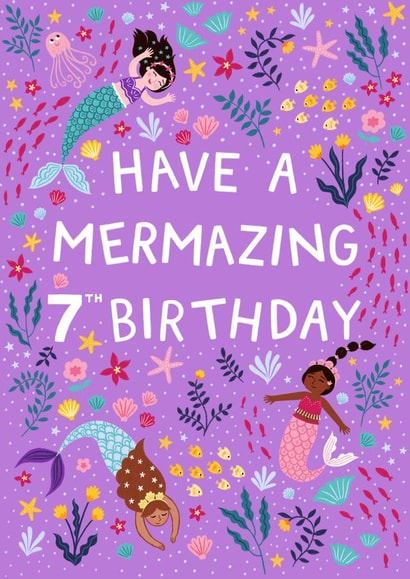 Happy 7th Birthday - Purple Mermaids - Have a Mermazing Day created by Pear Tree Press