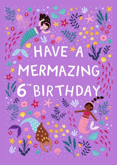 Happy 6th Birthday - Purple Mermaids - Have a Mermazing Day created by Pear Tree Press