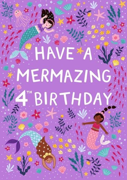 Happy 4th Birthday - Purple Mermaids - Have a Mermazing Day created by Pear Tree Press