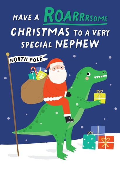 Cute Christmas Card for a Special Nephew - Christmas - Santa and Dinosaur created by Pixie Studio