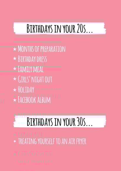 Funny Birthday Card for Her - 20s birthdays vs 30s birthdays created by whimsical AF