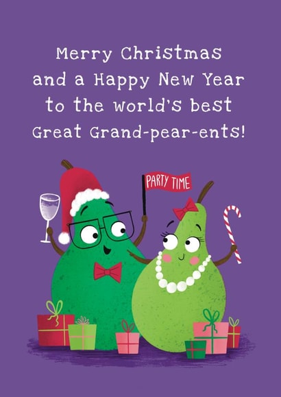 Cute and Funny Christmas Card - World's Best Great Grand-pear-ents created by Hannah Jayne Lewin