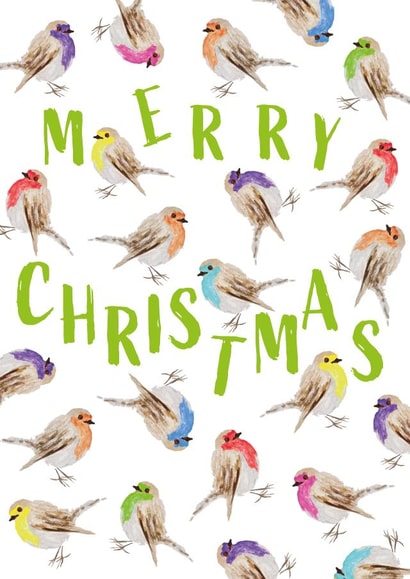 Cute Christmas Card - Merry Christmas - Colourful Robins created by size3art
