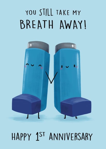Cute and Funny Anniversary Card - Asthma Inhaler - 1st created by Sophie Kent Illustration
