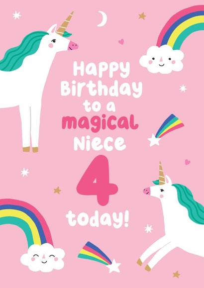 Cute Birthday Card for your magical Unicorn Loving Niece on her 4th Birthday created by Pixie Studio