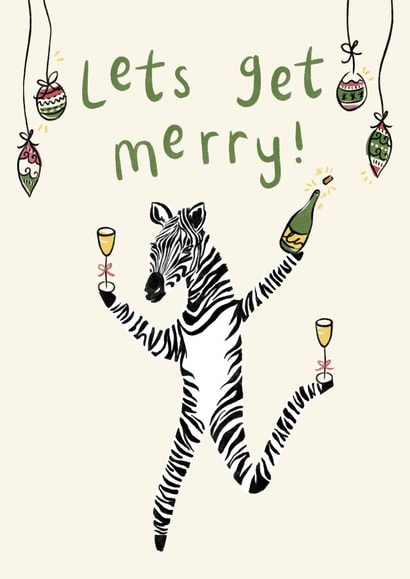 Let's Get Merry Pun - Fun Christmas Card - Festive Drinks - Zebra Christmas Card created by Lauren Barclay