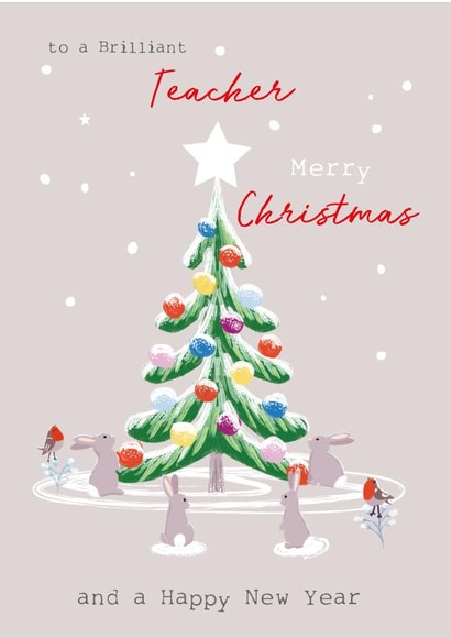Traditional Christmas Tree Card - Teacher - Happy New Year - Bunnies Robins created by SABIVO Design by Sabina