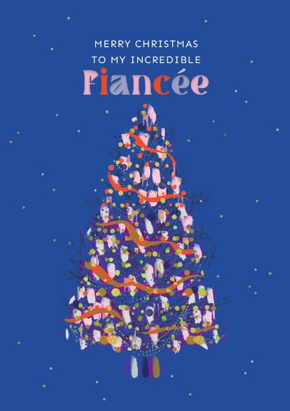 Classic Christmas card - Fiancee - retro decorated tree created by Rebecca Prinn