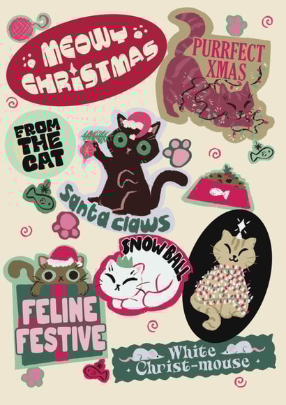 Funny From the Cat Christmas Card - Sticker Illustration All Christmas Paw Puns created by Quitting Hollywood