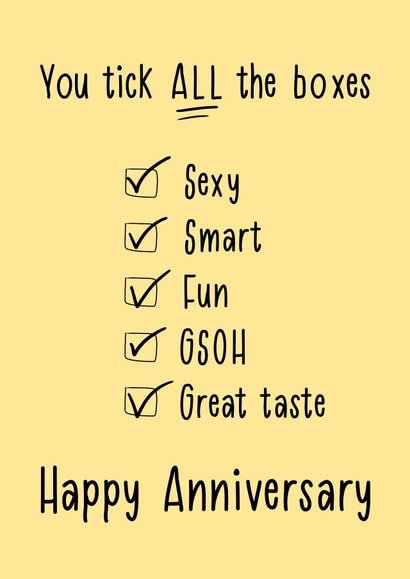 Fun Anniversary Card - You tick ALL the boxes created by Lou Longworth