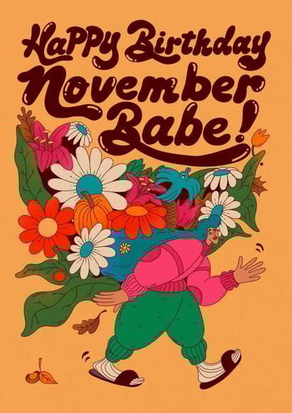 Pretty birthday card for someone born in November - Girl with a colourful bouquet. created by Kasia Cards