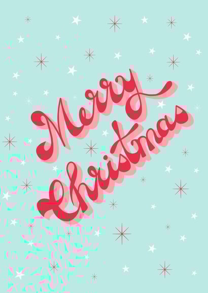 Retro Vintage Christmas Card - Groovy Hand Lettering - Stars Sparkles - Aqua created by Gail K Designs