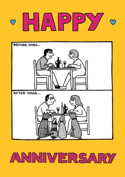 Funny anniversary dinner card - for dog-parents - Dogs at the Table created by Off The Leash Cartoons by Rupert Fawcett