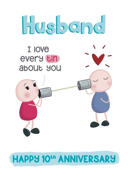 Cute 10th Anniversary Card For Husband - Tin Anniversary - Punny Tin Telephone created by Presents Felt