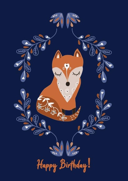 Cute fox birthday card for all, folk art style birthday card. created by Her Joyful Heart