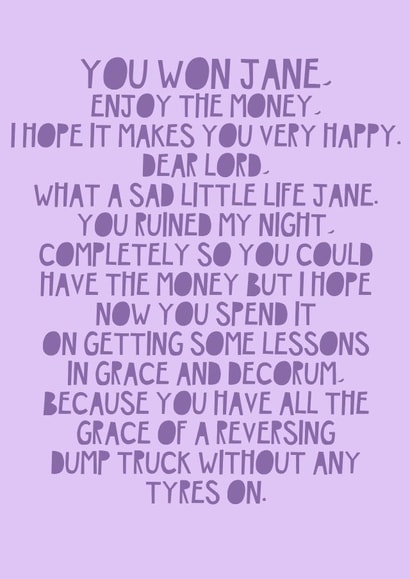 Funny come dine with me card - You Won Jane - Pop Culture Meme created by Jade Muat-Dodd