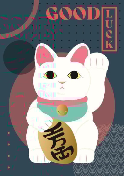 Cute Good Luck Card - Japanese maneki-neko lucky cat created by Emily Bratby