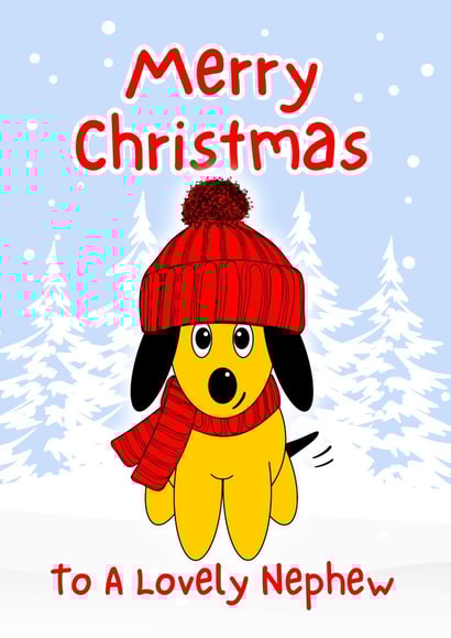 Cute Christmas Card for a lovely Nephew with a Cheeky Dog in a red woolly hat created by Crystal Star Gift Shop