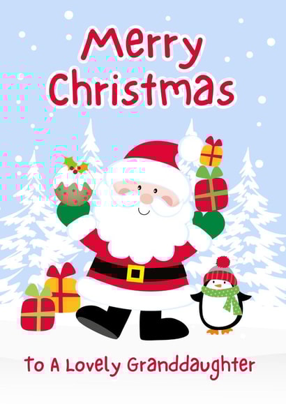 Christmas Card for a lovely Granddaughter with Santa and a Penguin with gifts! created by Crystal Star Gift Shop