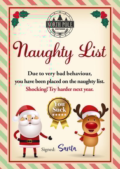Naughty List funny Christmas card created by WigglyCards