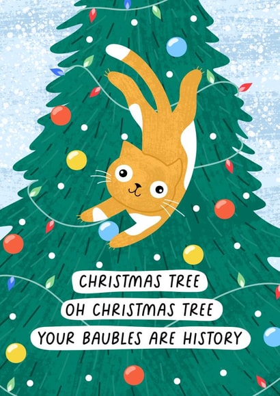 Funny Cat Christmas tree card - Christmas Carol Joke created by Evie Garnett Designs