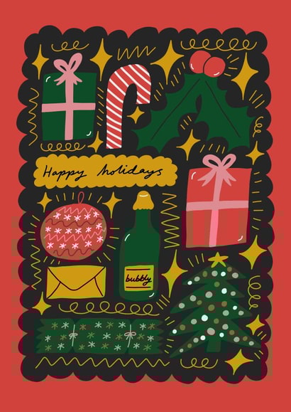 Happy Holidays - festive illustrated Christmas card perfect Season's Greetings created by Natalie Byrne