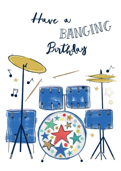 Cool drum kit birthday card - Banging Pun - for the musical genius in your life created by Katie Phythian Design