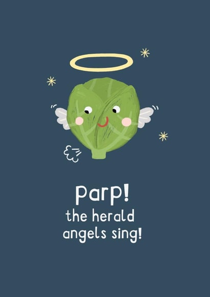 Cute and funny Brussel Sprout Christmas card- 'Parp! The herald Angels Sing!' created by Zoe Spry