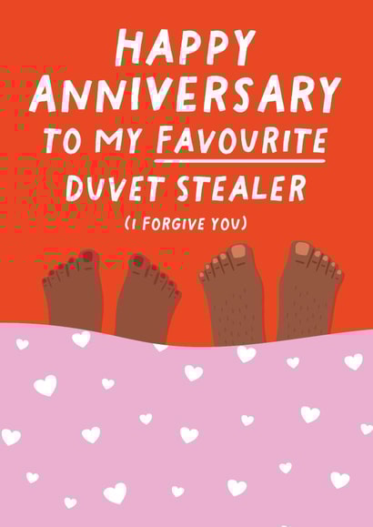 Cute Anniversary Card - Happy Anniversary to my Favourite Duvet Stealer created by Pixie Studio