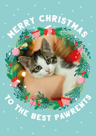Cute Wreath Christmas Photo Card - To the best pawrents - pun from the pet created by Seabird Studio
