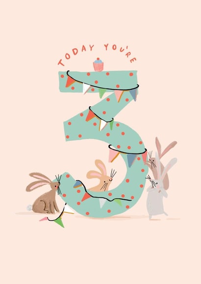 Cute 3rd Birthday Card - Rabbits - Today You're 3 Years Old created by Paperlink and Meraki Greeting Cards